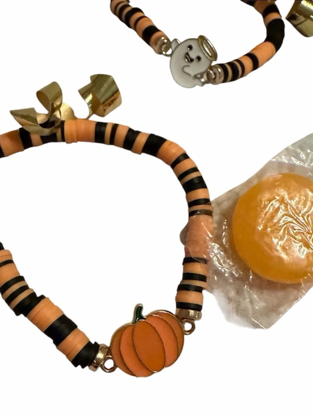 Halloween Pumpkin Beaded Kids Bracelet - Orange & Black NEW